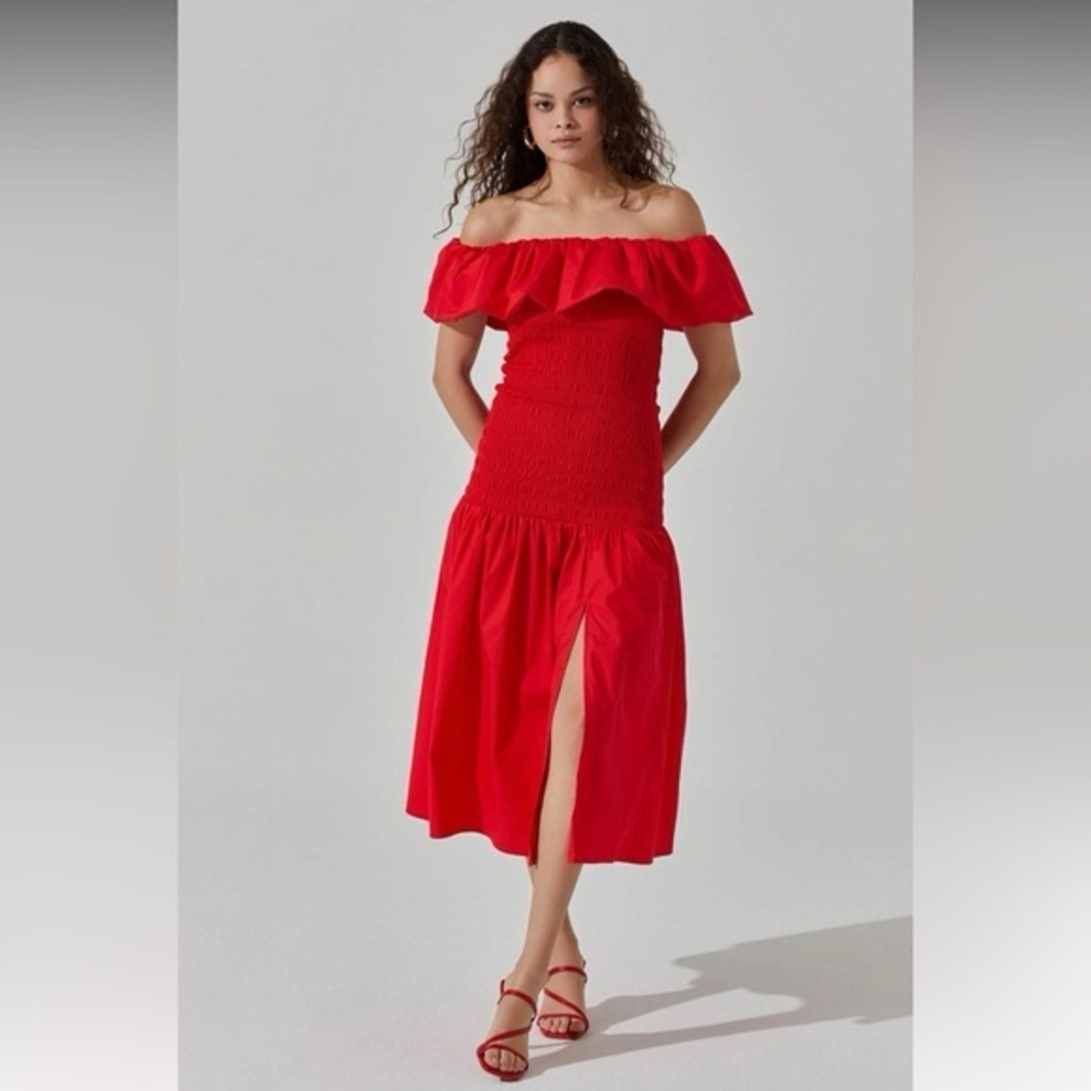 ASTR The Label Off the Shoulder Cotton Red Ruffle Midi Dress Size Small
